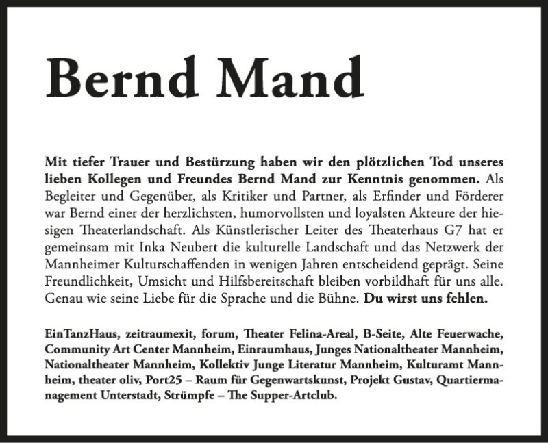  Traueranzeige für Bernd Mand vom 20.07.2019 aus Mannheimer Morgen