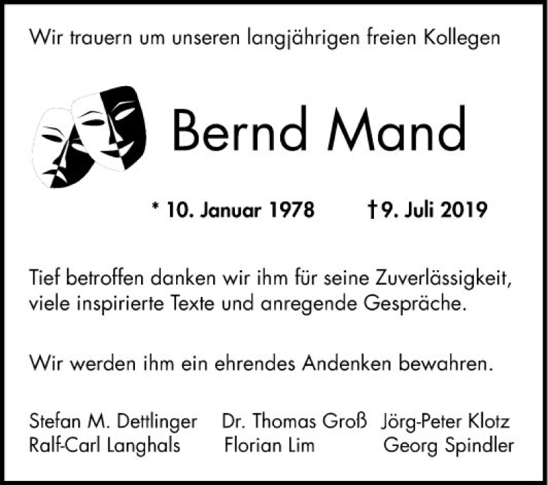  Traueranzeige für Bernd Mand vom 20.07.2019 aus Mannheimer Morgen