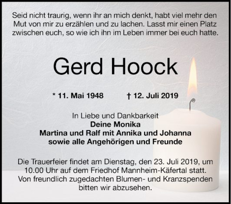  Traueranzeige für Gerd Hoock vom 20.07.2019 aus Mannheimer Morgen