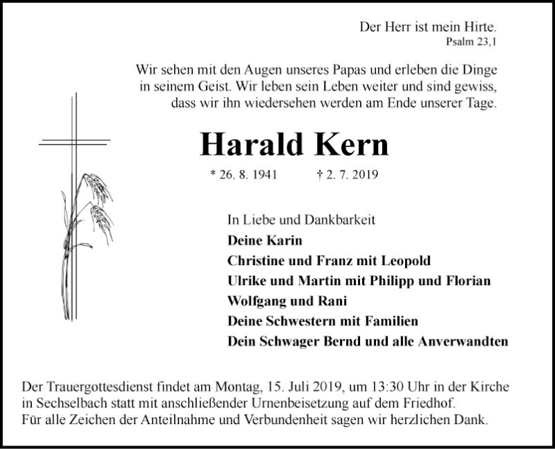  Traueranzeige für Harald Kern vom 09.07.2019 aus Fränkische Nachrichten