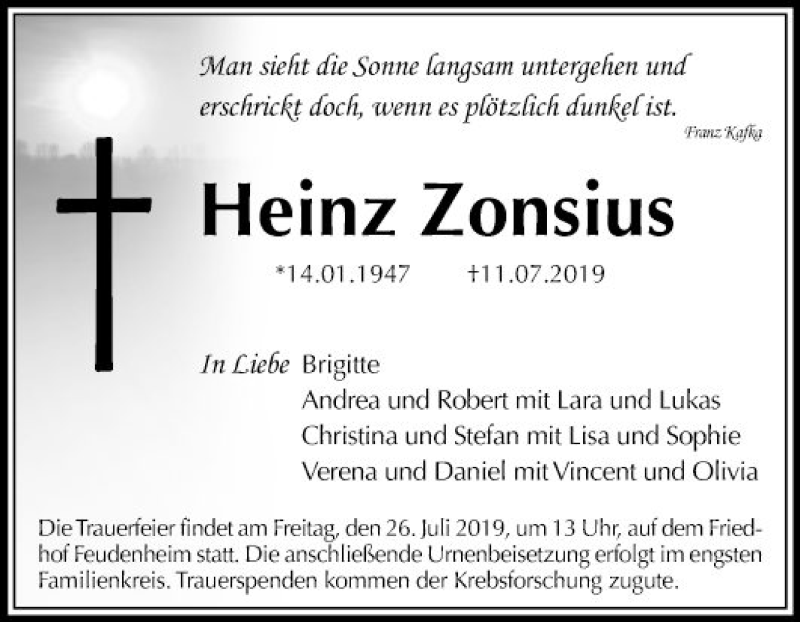  Traueranzeige für Heinz Zonsius vom 20.07.2019 aus Mannheimer Morgen