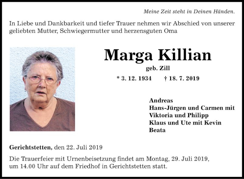  Traueranzeige für Marga Killian vom 22.07.2019 aus Fränkische Nachrichten