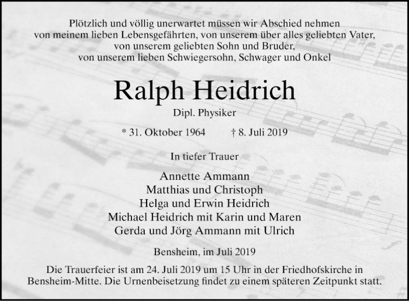  Traueranzeige für Ralph Heidrich vom 13.07.2019 aus Bergsträßer Anzeiger