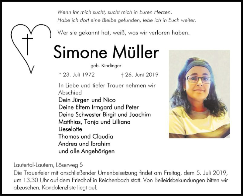  Traueranzeige für Simone Müller vom 03.07.2019 aus Bergsträßer Anzeiger