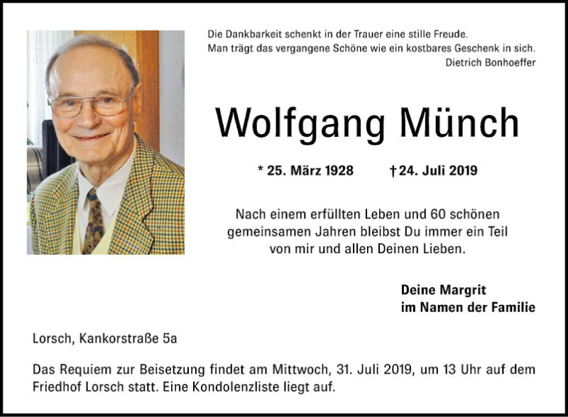  Traueranzeige für Wolfgang Münch vom 27.07.2019 aus Bergsträßer Anzeiger