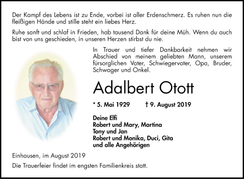  Traueranzeige für Adalbert Otott vom 17.08.2019 aus Bergsträßer Anzeiger