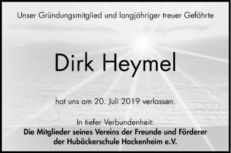  Traueranzeige für Dirk Heymel vom 09.08.2019 aus Schwetzinger Zeitung