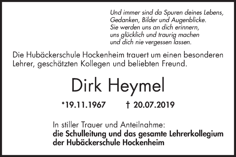  Traueranzeige für Dirk Heymel vom 07.08.2019 aus Schwetzinger Zeitung