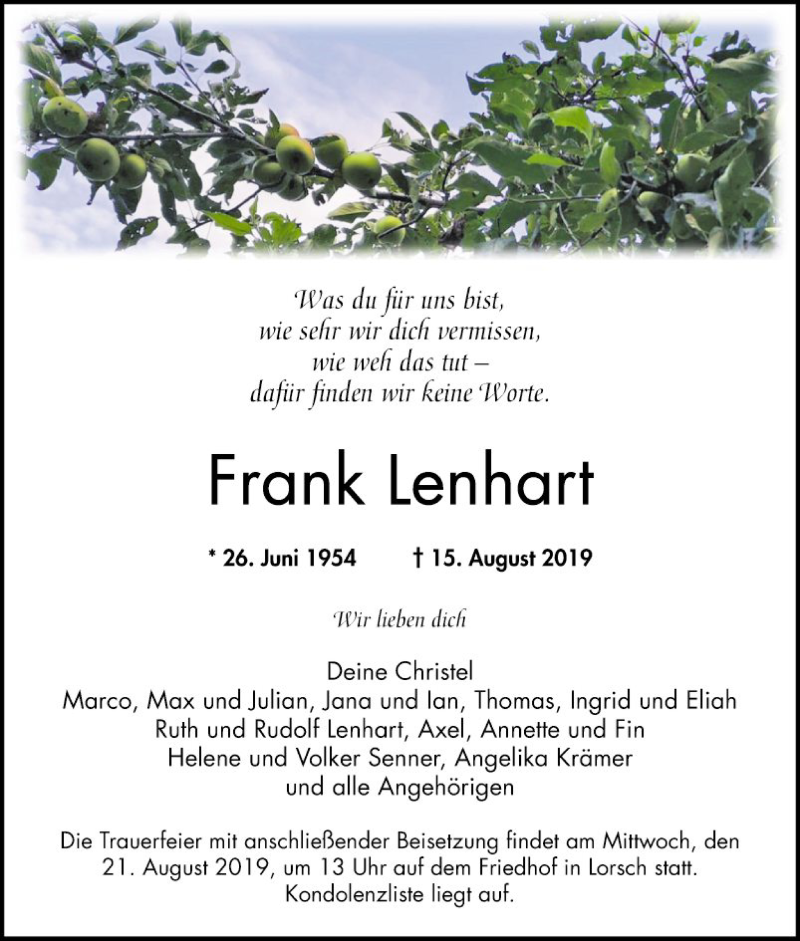  Traueranzeige für Frank Lenhart vom 17.08.2019 aus Bergsträßer Anzeiger