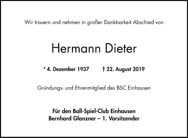 Traueranzeige für Hermann Dieter vom 26.08.2019 aus Bergsträßer Anzeiger