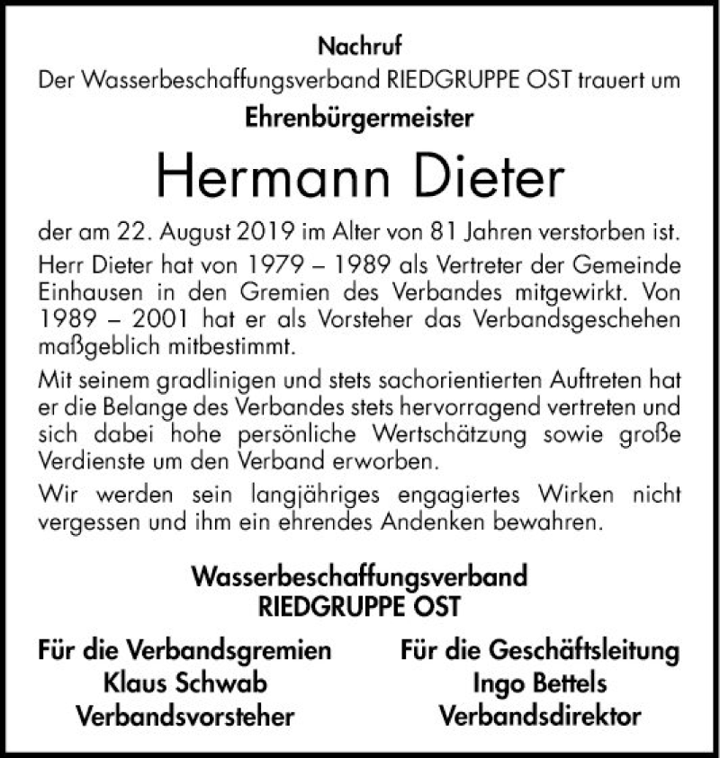  Traueranzeige für Hermann Dieter vom 26.08.2019 aus Bergsträßer Anzeiger