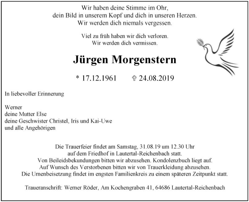  Traueranzeige für Jürgen Morgenstern vom 28.08.2019 aus Bergsträßer Anzeiger