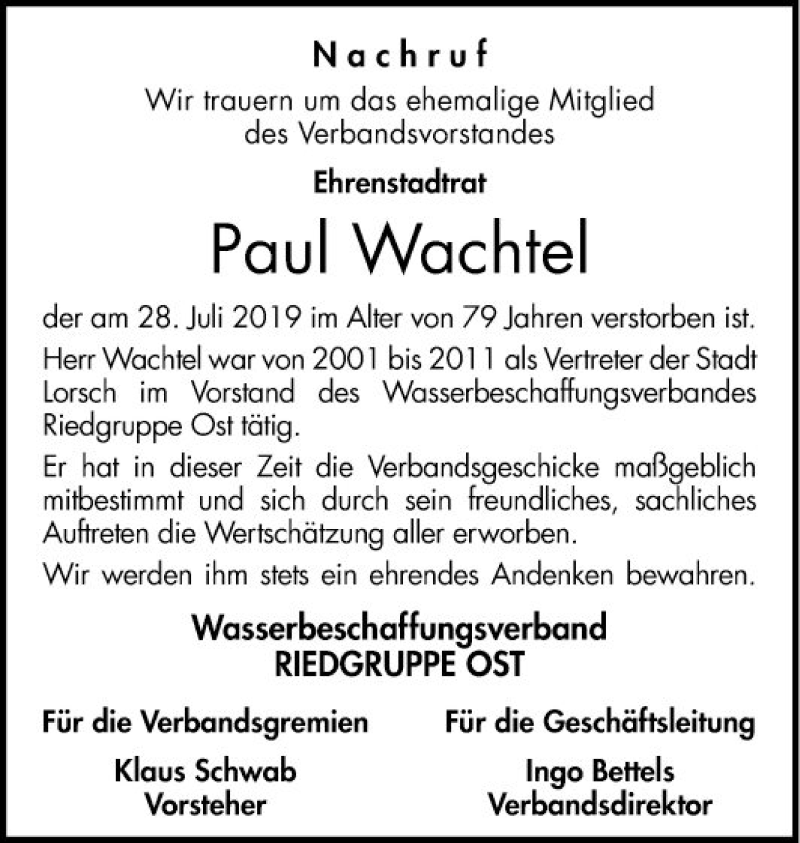  Traueranzeige für Paul Wachtel vom 03.08.2019 aus Bergsträßer Anzeiger