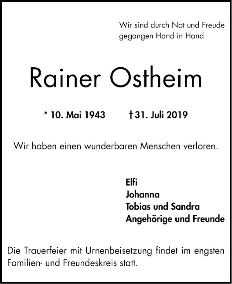  Traueranzeige für Rainer Ostheim vom 03.08.2019 aus Bergsträßer Anzeiger
