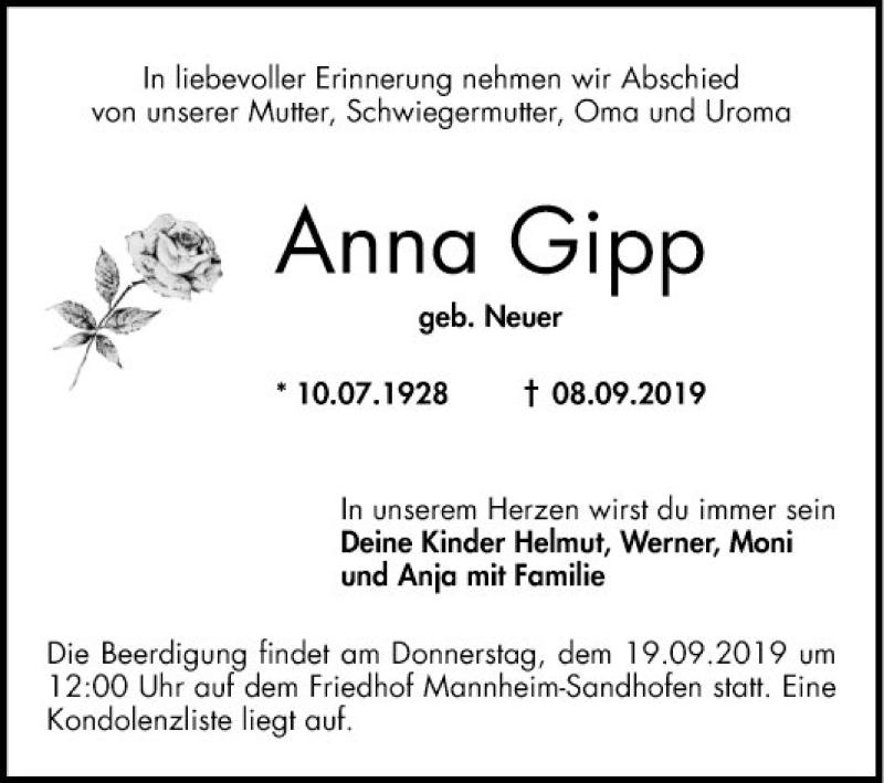  Traueranzeige für Anna Gipp vom 14.09.2019 aus 