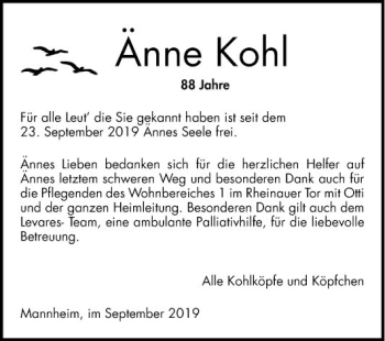 Traueranzeige von Anne Kohl von Mannheimer Morgen