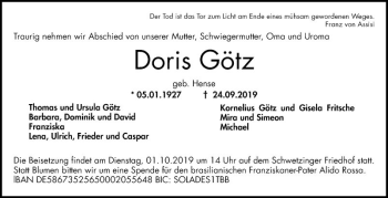 Traueranzeige von Doris Götz von Schwetzinger Zeitung