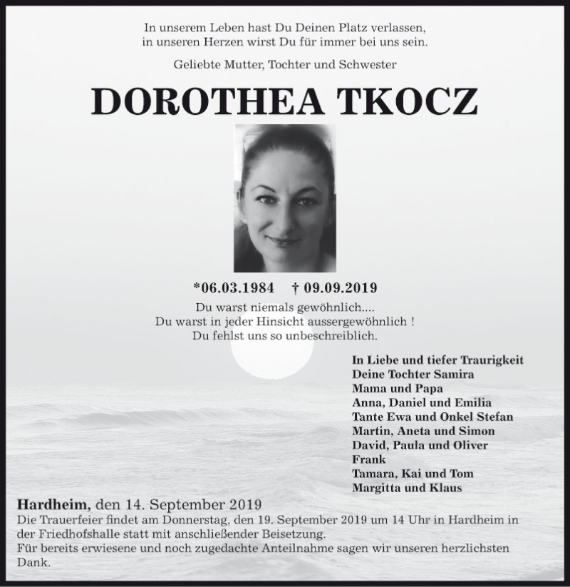  Traueranzeige für Dorothea Tkocz vom 14.09.2019 aus 