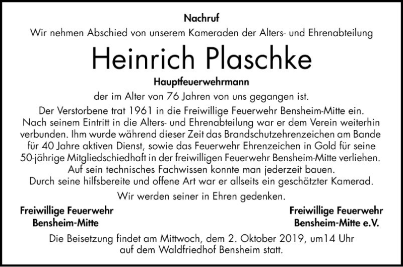  Traueranzeige für Heinrich Plaschke vom 28.09.2019 aus Bergsträßer Anzeiger