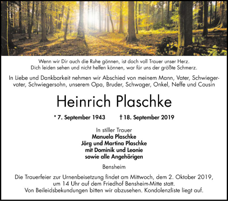  Traueranzeige für Heinrich Plaschke vom 28.09.2019 aus Bergsträßer Anzeiger
