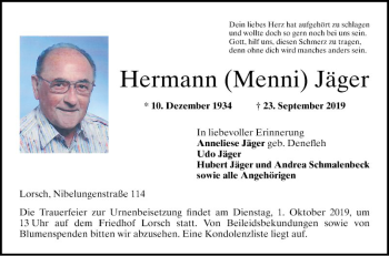 Traueranzeige von Hermann Jäger von Bergsträßer Anzeiger