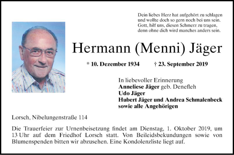  Traueranzeige für Hermann Jäger vom 27.09.2019 aus Bergsträßer Anzeiger