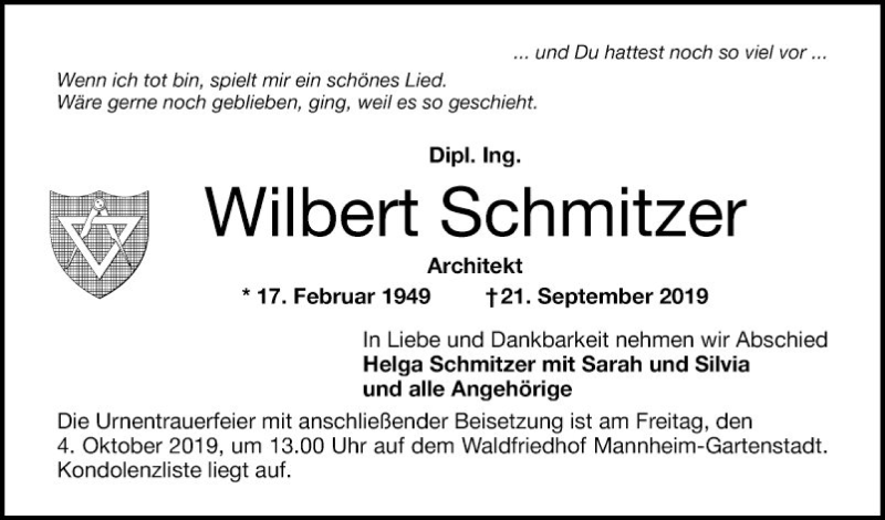  Traueranzeige für Wilbert Schmitzer vom 28.09.2019 aus Mannheimer Morgen