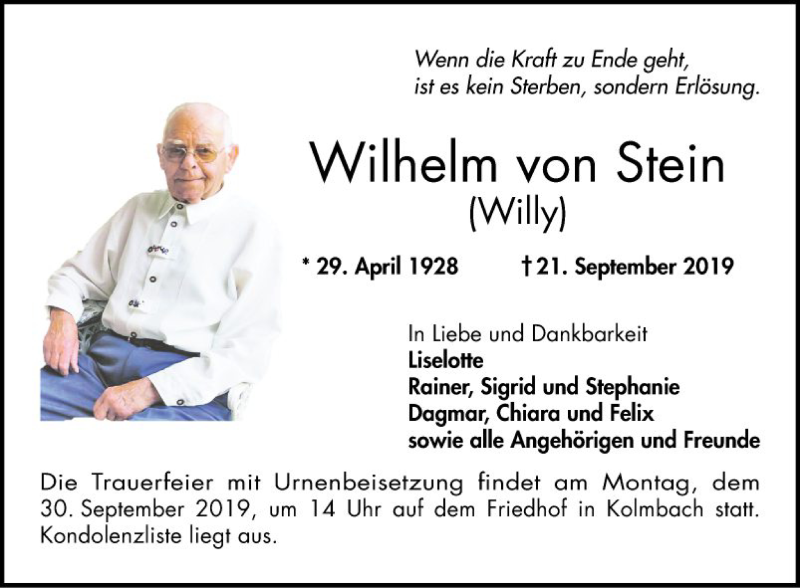  Traueranzeige für Wilhelm von Stein vom 25.09.2019 aus Bergsträßer Anzeiger