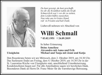 Traueranzeige von Willi Schmall von Fränkische Nachrichten