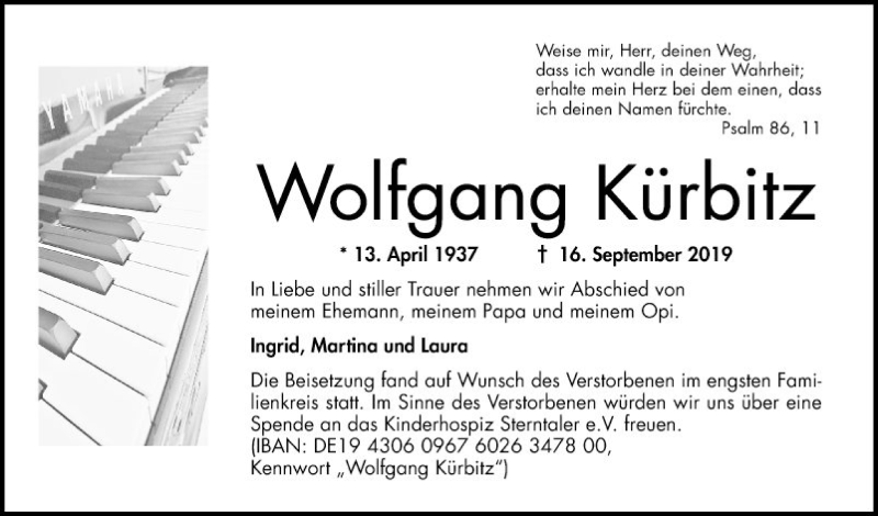  Traueranzeige für Wolfgang Kürbitz vom 28.09.2019 aus Mannheimer Morgen