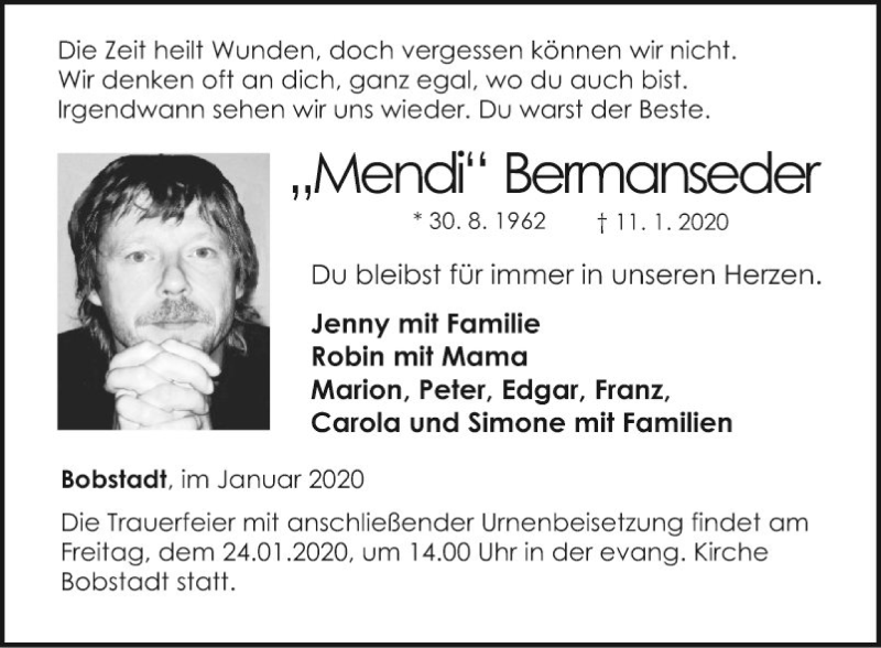  Traueranzeige für Mendi Bermanseder vom 22.01.2020 aus Fränkische Nachrichten