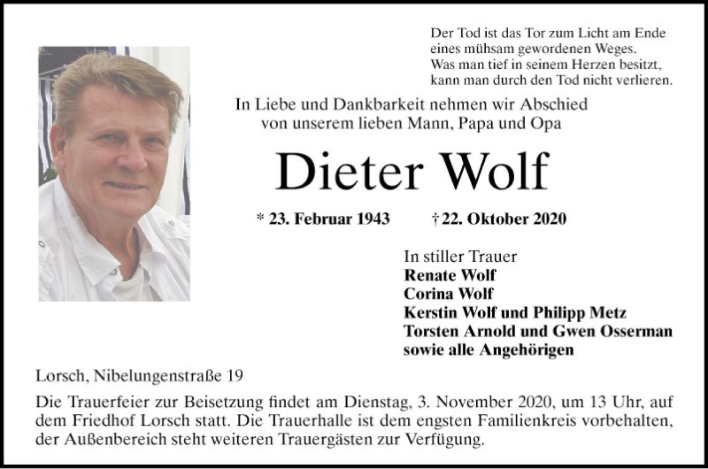  Traueranzeige für Dieter und Renate Wolf vom 29.10.2020 aus Bergsträßer Anzeiger