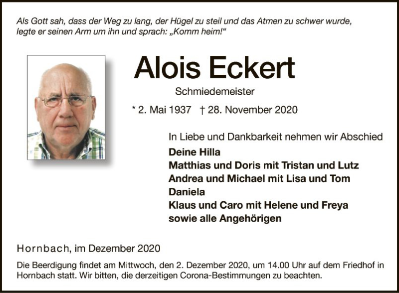  Traueranzeige für Alois Eckert vom 01.12.2020 aus Fränkische Nachrichten