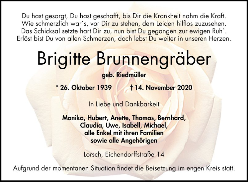  Traueranzeige für Brigitte Brunnengräber vom 21.11.2020 aus Bergsträßer Anzeiger