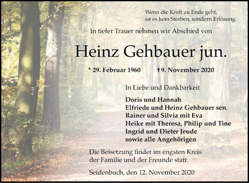  Traueranzeige für Heinz Gehbauer vom 12.11.2020 aus Bergsträßer Anzeiger