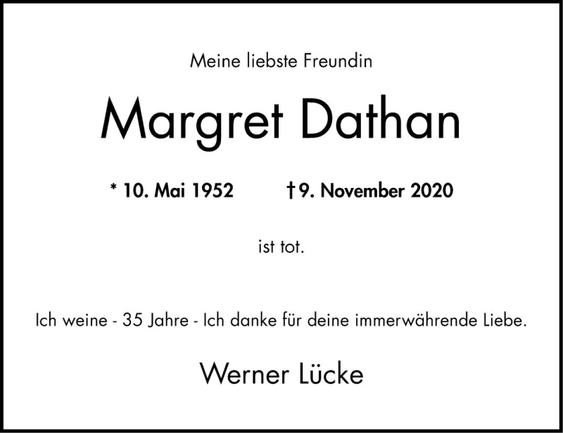  Traueranzeige für Margret Dathan vom 14.11.2020 aus Bergsträßer Anzeiger