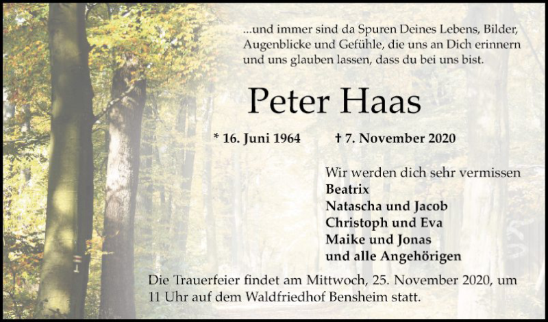  Traueranzeige für Peter Haas vom 21.11.2020 aus Bergsträßer Anzeiger