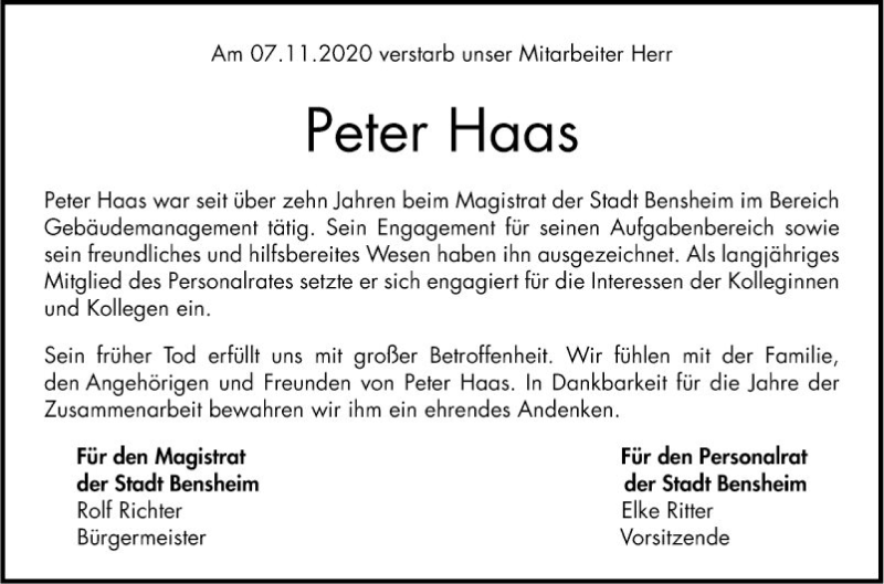  Traueranzeige für Peter Haas vom 24.11.2020 aus Bergsträßer Anzeiger