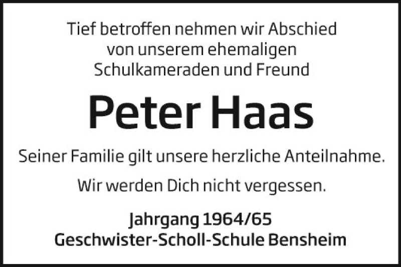 Traueranzeige für Peter Haas vom 25.11.2020 aus Bergsträßer Anzeiger