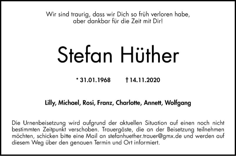  Traueranzeige für Stefan Hüther vom 28.11.2020 aus Bergsträßer Anzeiger