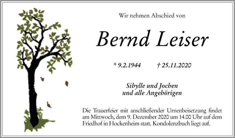  Traueranzeige für Bernd Leiser vom 02.12.2020 aus Schwetzinger Zeitung
