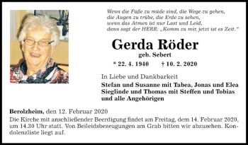 Traueranzeige von Gerda Röder von Fränkische Nachrichten
