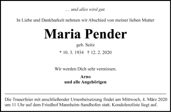 Traueranzeige von Maria Pender von Mannheimer Morgen