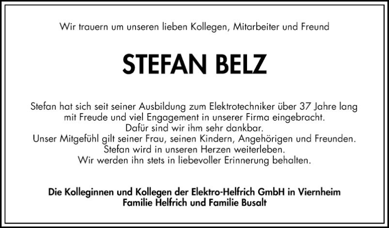  Traueranzeige für Stefan Belz vom 07.02.2020 aus Mannheimer Morgen