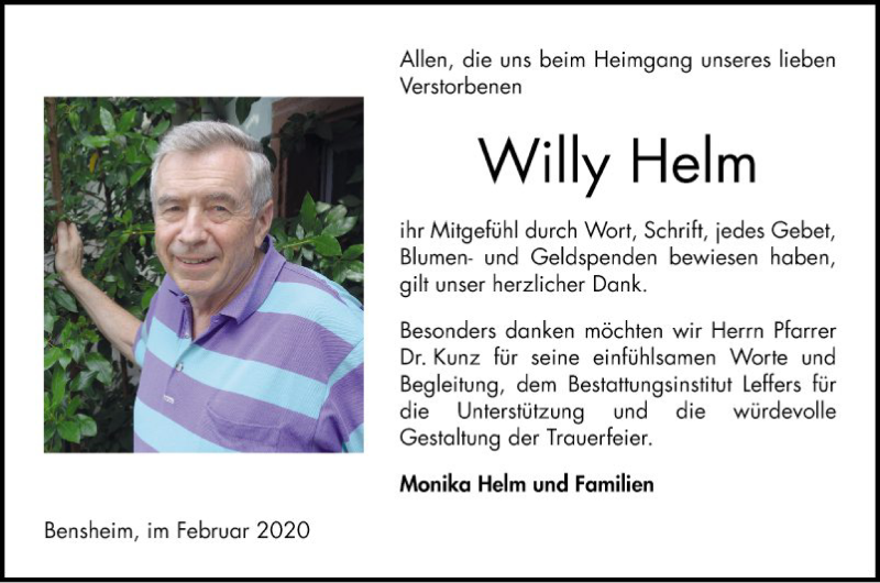 Traueranzeige für Willy Helm vom 15.02.2020 aus Bergsträßer Anzeiger