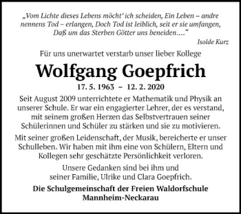 Traueranzeige von Wolfgang Goepfrich von Mannheimer Morgen
