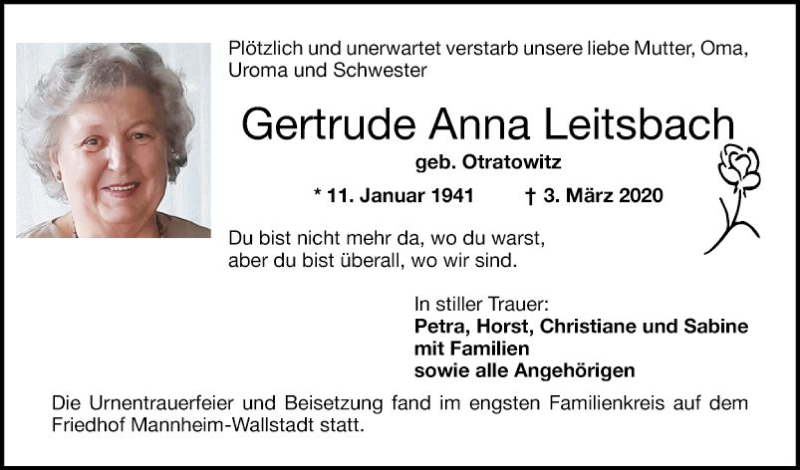  Traueranzeige für Gertrude Anna Leitsbach vom 21.03.2020 aus Mannheimer Morgen