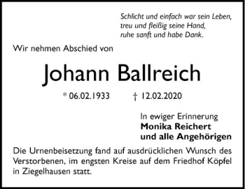 Traueranzeige von Johann Ballreich von Mannheimer Morgen