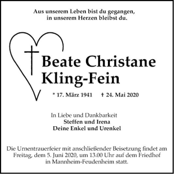 Traueranzeige von Beate Christane Kling-Fein von Mannheimer Morgen