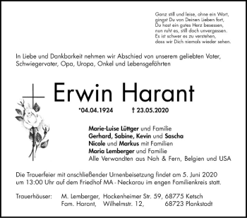 Traueranzeige von Erwin Harant von Schwetzinger Zeitung